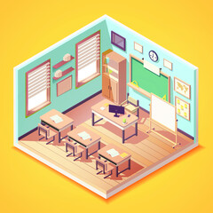 isometric lovely empty classroom interior, school or college class