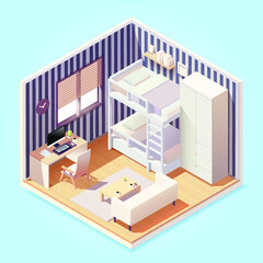 Modern bedroom interior with furniture  in isometric style