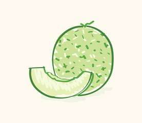 Cute whole and sliced cantaloupe fruit in cartoonish flat illustration art desgin