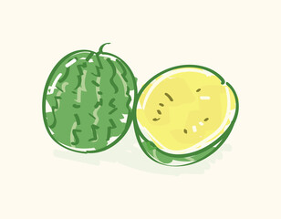 Cute simple whole and sliced cantaloupe fruit in flat vector illustration art design