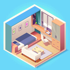 Modern bedroom interior with furniture  in isometric style