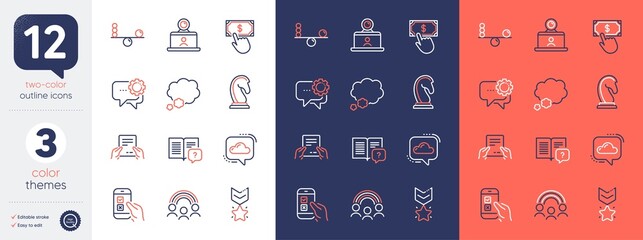 Set of Talk bubble, Mobile survey and Marketing strategy line icons. Include Payment click, Instruction manual, Employees messenger icons. Cloud communication, Receive file. Vector