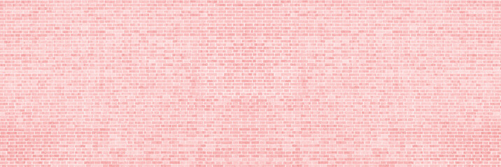 Coral color old shabby brick wall wide panoramic texture. Pastel pink orange large brickwork. Abstract vintage background