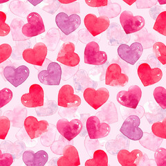 Pattern of many small watercolor hearts in red and pink color