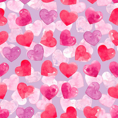 Pattern of many small watercolor hearts in red and pink color