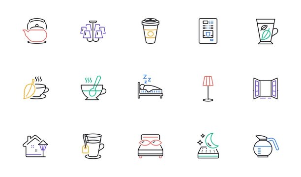 Coffeepot, Tea and Mint leaves line icons for website, printing. Collection of Coffee vending, Mattress, Open door icons. Floor lamp, Chandelier, Takeaway coffee web elements. Pillows. Vector