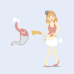 woman bloating, having gases in stomach, belching, farting, disease health care concept, flat character design clip art vector illustration