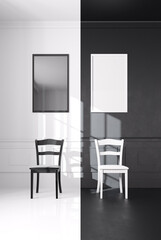 Monochrome desing. Simplicity in details black and white, symmetry, two chairs and two picture frames as a symbol of balance.. Bright stylish room mock up 3d render
