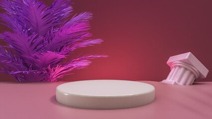 3d rendering of a display stand for a product, abstract pink vaporwave background with round stage, palm tree and fallen roman column