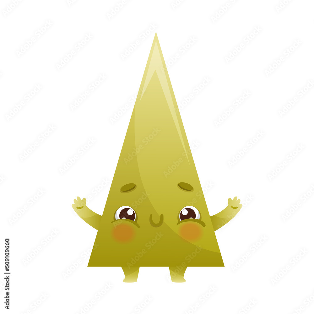 Poster funny green triangle as geometric shape character with smiling face expression vector illustration