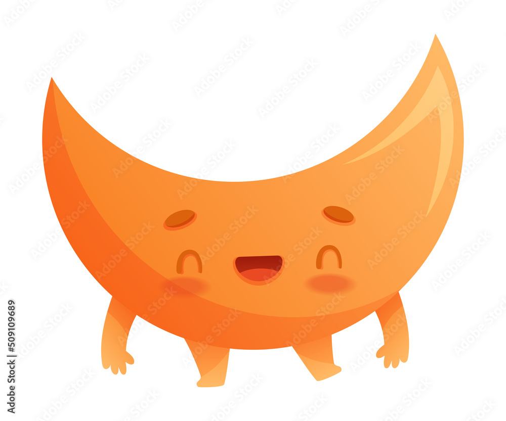 Poster funny orange crescent as geometric shape character with smiling face expression vector illustration