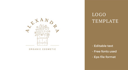 Rustic natural wild flower bouquet in wooden bucket pot business logo minimalist vector © provectors