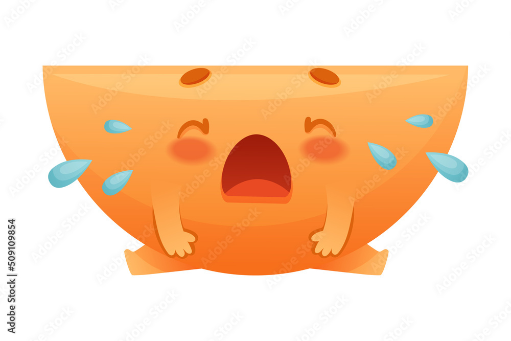 Poster funny orange semicircle as geometric shape character with crying face expression vector illustration