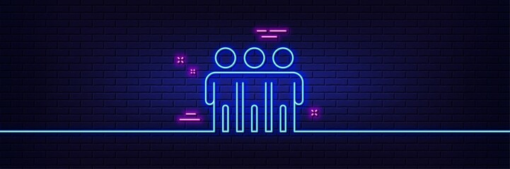 Fototapeta na wymiar Neon light glow effect. Friendship line icon. Friends group sign. Assistance business symbol. 3d line neon glow icon. Brick wall banner. Friendship outline. Vector