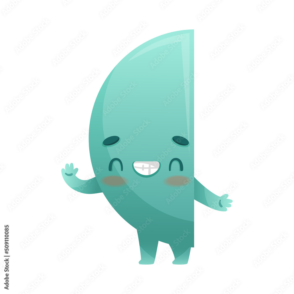 Poster funny semicircle as geometric shape character with smiling face expression waving hand vector illust