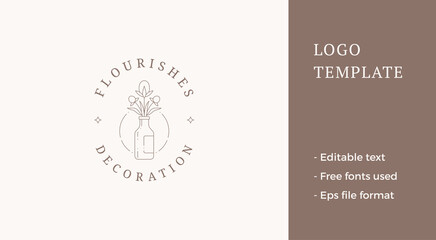Fototapeta premium Natural narcissus flower bouquet in bottle minimalist business logo circle frame vector