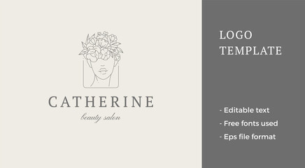 Monochrome feminine portrait botanical wreath hairstyle triangle frame line art logo vector