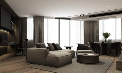 The interior design of the apartment in dark tones and minimal style. With dark wood materials and gray upholstered furniture with large windows and sheer curtains. living area 3d rendering