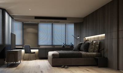 The interior design of the apartment in dark tones and minimal style. With dark wood materials and gray upholstered furniture with large windows and sheer curtains. bedroom 3d rendering