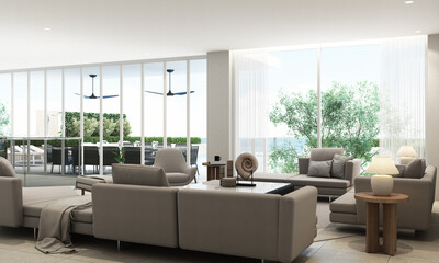 Interior design of pool villa in white tones and expensive with wood materials in a minimalist style with seating, furniture on tiles and carpets with large windows overlooking the sea. 3d rendering