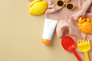 Summer sunscreen cream tube mockup, sunglasses, sand molds, towel top view. Baby sun protection...