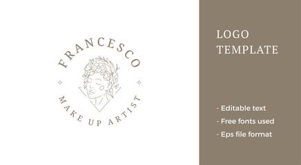 Fototapeta na wymiar Romantic woman organic botanical hairstyle triangle frame line art minimalist logo vector