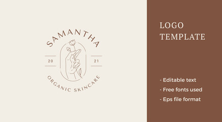 Human hand holding organic natural spring flower stem bud leaves minimalist linear logo vector
