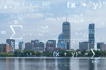 Panorama skyline, city view of Boston at day time, Massachusetts. Building exteriors of financial...