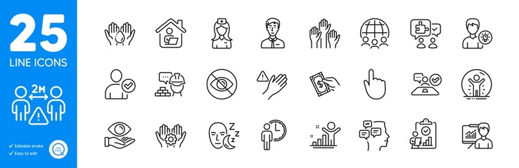 Outline icons set. Dont touch, Puzzle and Messages icons. Identity confirmed, Waiting, Not looking web elements. Winner, Hand click, Pay money signs. Health eye, Voting hands, Global business. Vector