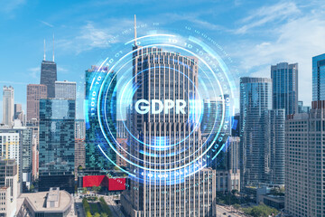 Aerial panoramic city view of Chicago downtown area, day time, Illinois, USA. Birds eye view, skyscrapers, skyline. GDPR hologram, concept of data protection regulation and privacy for individuals