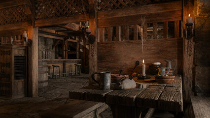 Old medieval or Viking tavern bar with bread and ale on a table. 3D rendering. - obrazy, fototapety, plakaty