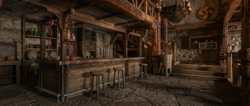 An old medieval inn with beer barrels behind the bar, stone floor, wooden beams and candle light. 3D rendering.