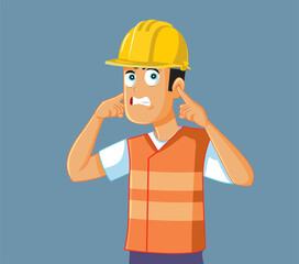 Unhappy Construction Worker Covering His Ears Vector Cartoon Illustration. Engineer experiencing hearing damage from work related condition

