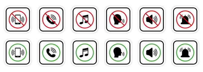 Silence Mute Zone Red Forbidden Round Sign. Warning Ban Noise Rule. Notification Call Black Silhouette Icon Set. Use Phone Speak Loud Allowed Area Green Symbol. Isolated Vector Illustration - obrazy, fototapety, plakaty