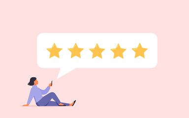 Woman character giving five star feedback on smartphone. Client evaluating product, service. Customer satisfaction assessment concept.