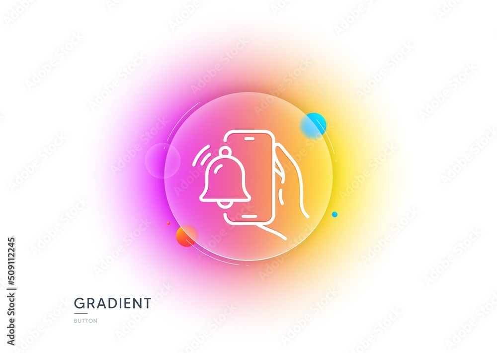 Poster alarm clock app line icon. gradient blur button with glassmorphism. reminder bell sign. phone notifi