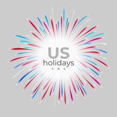 National holiday of the usa. Light background, fireworks in colors of american flag. Happy united states greeting card. 4th july us independence day. Place for text. Vector illustration, template