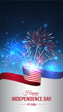 4th of july happy independence day usa, vertical template. American flag on night sky background, colorful fireworks. Fourth of july, US national holiday, independence day. Vector illustration, banner