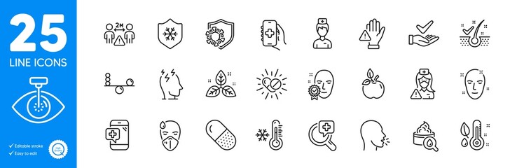 Outline icons set. Thermometer, Clean skin and Face verified icons. Doctor, Dont touch, Stress web elements. Sick man, Fair trade, Low thermometer signs. Medical drugs, Cough. Vector