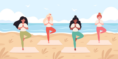 Women doing yoga on the beach. Hello summer, summer leisure, vacation. Healthy lifestyle, self care, yoga, meditation. Hand drawn vector illustration
