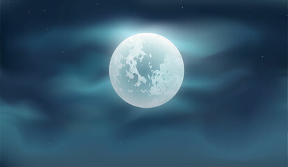 Naklejka na ściany i meble Blue dark night sky with full moon and lot of shiny stars background.