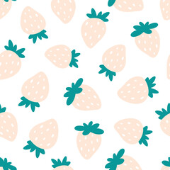 Strawberry seamless pattern. Simple summer berry ornament. Doodle, flat, hand drawn texture for wallpaper, textile, fabric, paper. Vector ilustration