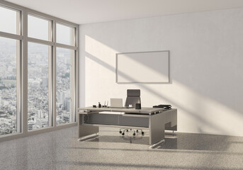 3d illustration. Modern office interior. White poster on the wall. CEO's desk. City view, panoramic window.
