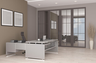 3d illustration. Modern office interior. White poster on the wall. CEO's desk. City view, panoramic window.