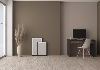3d illustration. Cozy living room interior. Remote work and work from home. Home Office.