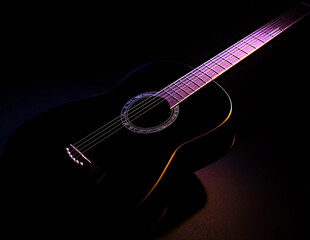 black guitar against split colored dark background. guitar music low-key concept isometric view