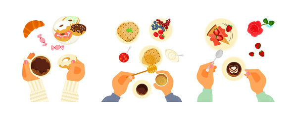 Top view on different sweets dishes. Person is eating at a table