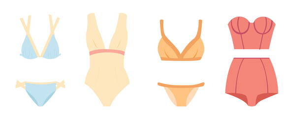 Set of swimsuits. Set of hand drawn illustrations. Hand drawn flat cartoon elements. Vector illustration.