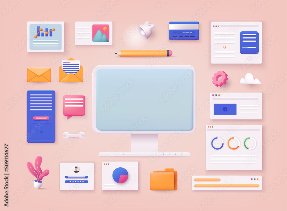 Fototapete set of business objects. open pages, landing page template, folder, mail, statistics. 3d web vector 