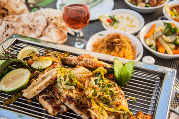 Food Photography art shots, Egyptian Oriental Barbequed Sea food, Photo is selective focus with shallow depth of field. Shot taken at Cairo Egypt